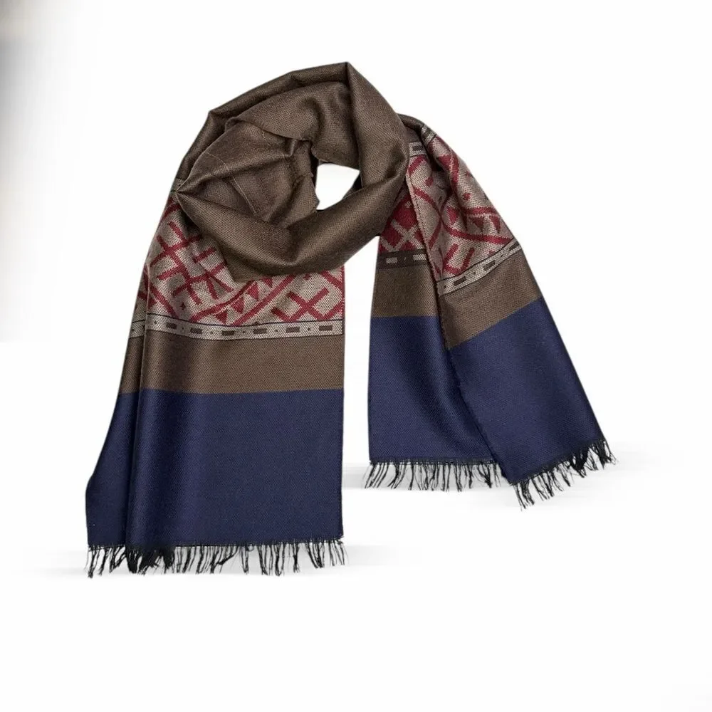 Vintage Wool Scarf Brown Blue Red Tan Men's Women's Excellent 68x14